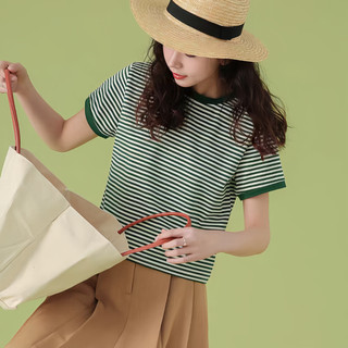 Áo thuncrop sọc xanh nữ, tay ngắn vừa vặn, phù hợp mùa hè