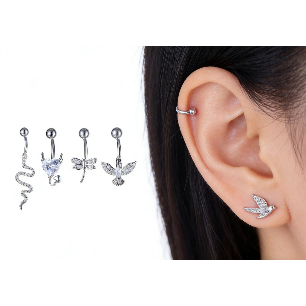 XON Khuyên Rốn Dạng Thanh Tạ Cong Bằng Thép Không Gỉ Hình Trái Tim Đính Pha Lê Gợi Cảm