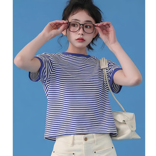 Áo thun sọc xanh trắng dành cho nữ,crop top tay ngắn dáng rộng, phù hợp dạo phố mùa hè