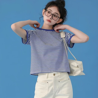 Áo thun sọc xanh trắng dành cho nữ,crop top tay ngắn dáng rộng, phù hợp dạo phố mùa hè