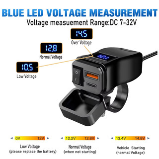 Bộ sạc xe máy PD QC3.0 Bộ sạc nhanh USB kép Bộ chuyển đổi nguồn Ổ cắm có công tắc Vôn kế kỹ thuật số chống nước Phụ kiện Moto