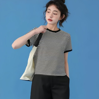 Áo thun sọc đen trắng dành cho nữ | Áo crop tay ngắn dáng rộng vừa vặn | Dạo phố thường ngày mùa hè | Lớp cơ sở giảm béo