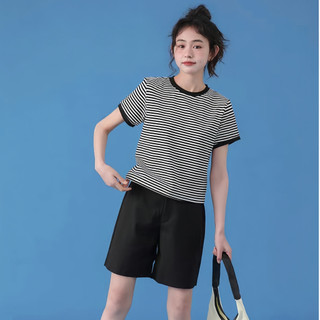 Áo thun sọc đen trắng dành cho nữ | Áo crop tay ngắn dáng rộng vừa vặn | Dạo phố thường ngày mùa hè | Lớp cơ sở giảm béo