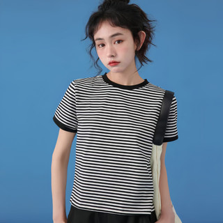 Áo thun sọc đen trắng dành cho nữ | Áo crop tay ngắn dáng rộng vừa vặn | Dạo phố thường ngày mùa hè | Lớp cơ sở giảm béo