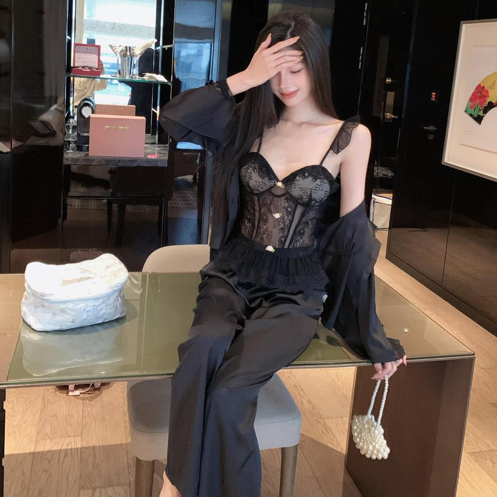 TEEFENG Bộ Đồ Ngủ Bốn Mảnh Lụa Cao Cấp Ren Viền Sang Trọng Gợi Cảm Tay Dài Mùa Hè Hai Dây Mặc Nhà