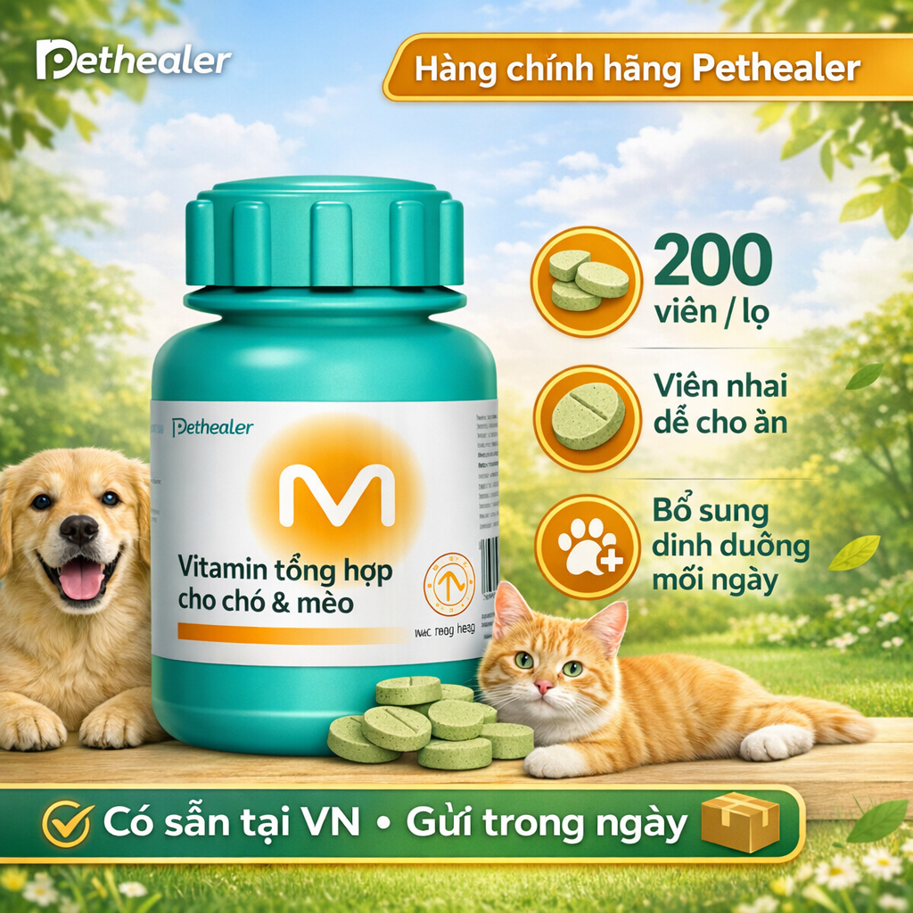 Pethealer Vitamin chó mèo | Viên nhai | 200 viên/lọ | Có sẵn VN, Gửi trong ngày