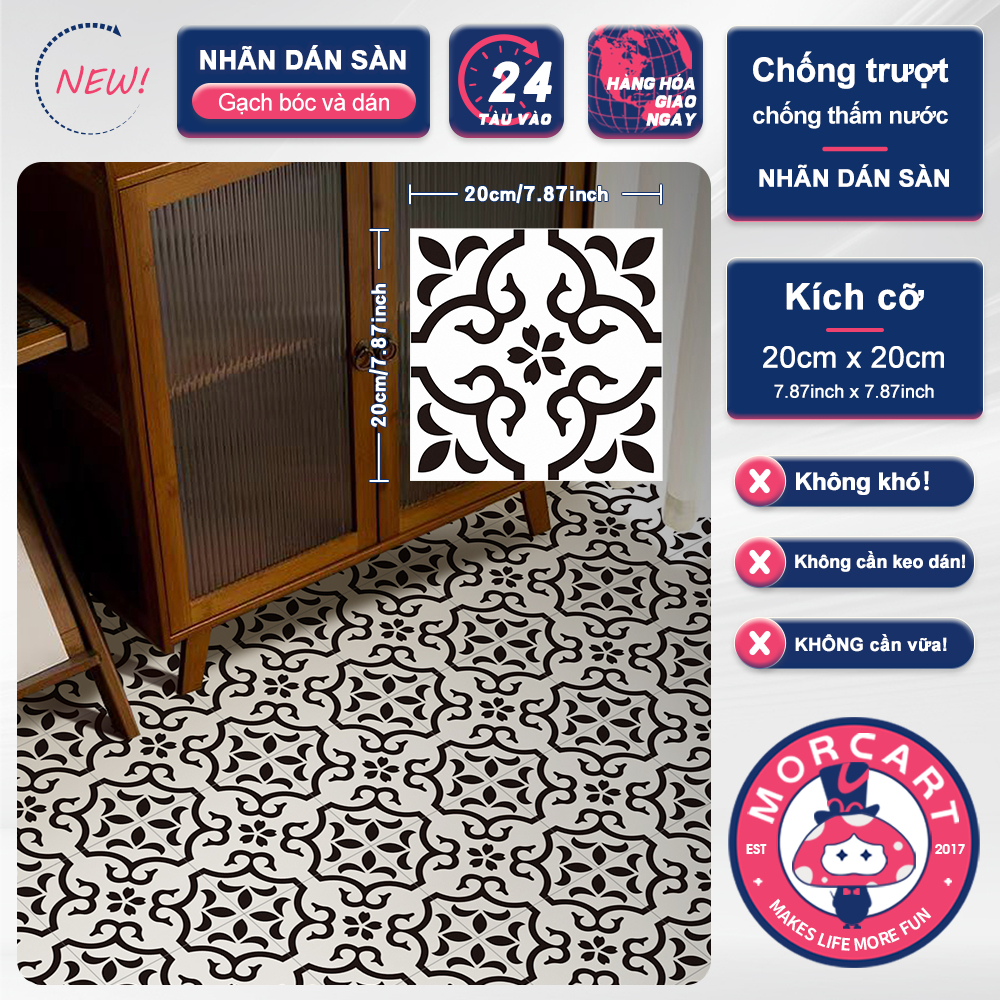 MORCART Miếng dán sàn họa tiết hoa tự dính, 20cmx20cm/1 tấm , Dễ dàng loại bỏ DIY, Chống thấm nước, cho phòng tắm, nhà bếp, phòng ngủ và phòng ăn, Phong cách Bắc Âu