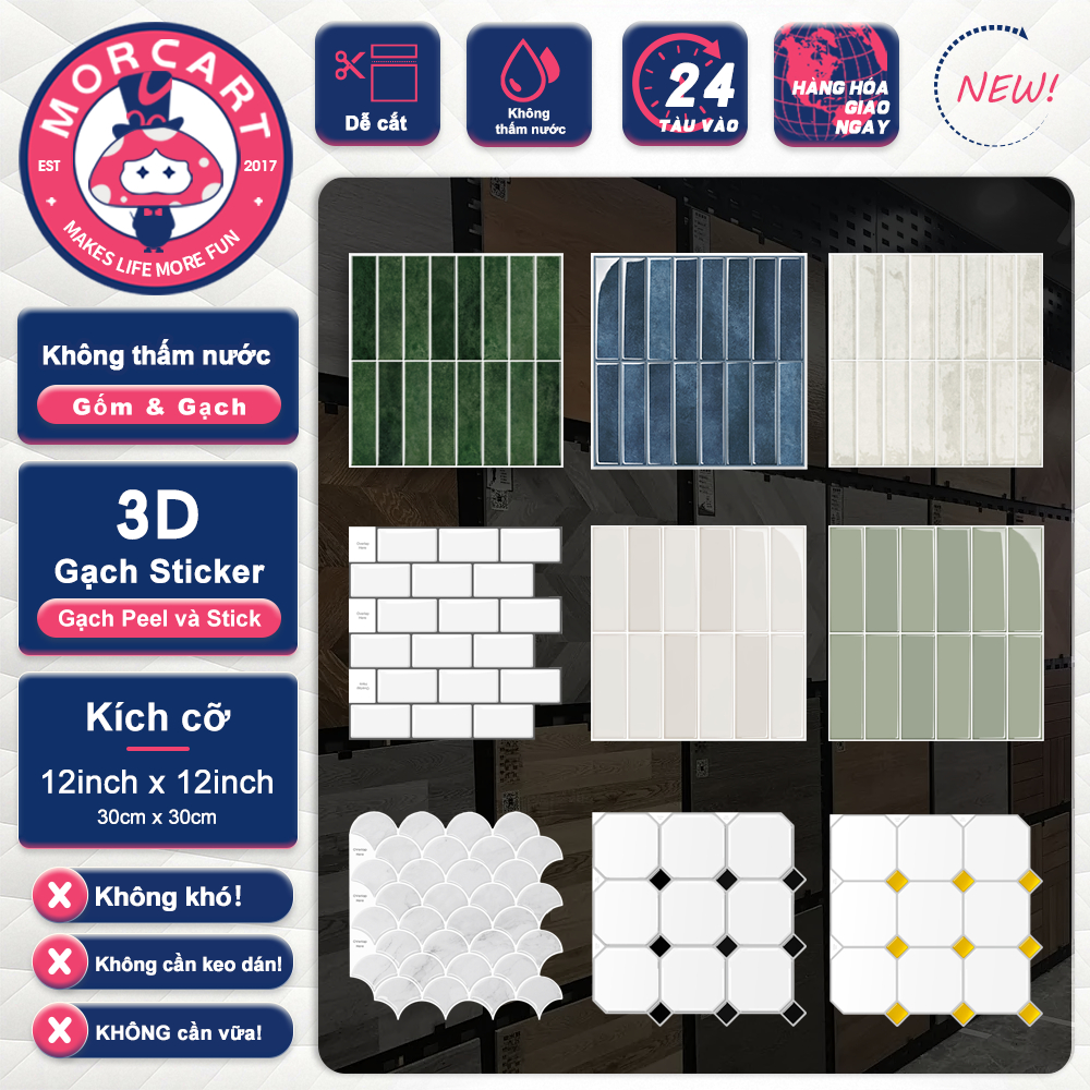 MORCART Nhãn dán tường chống văng nhà bếp, Nhãn dán trang trí tự dính 3D, chống thấm nước và chống dầu, Thích hợp cho nhà bếp, phòng tắm và tường, 25x25cm/30x30cm 1 tấm