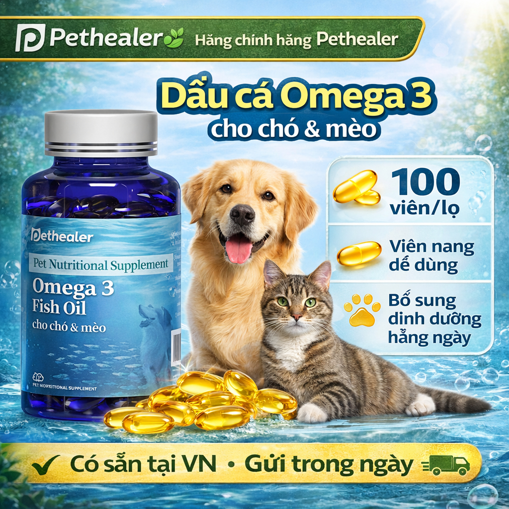 Omega 3 chó mèo Pethealer | Dầu cá viên nang | 100 viên/lọ | Có sẵn VN, Gửi trong ngày