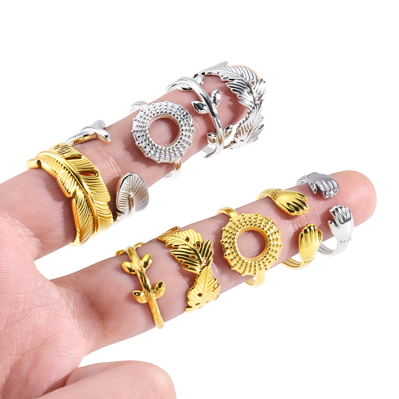 Nhẫn thép không gỉ 18K vàng vintage với lông vũ điều chỉnh được, chống thấm nước - quà tặng đám cưới hoàn hảo