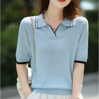 POLO Cổ Áo Dệt Kim Ngắn Tay Nữ Mùa Hè Mỏng Ve Áo Ice Silk Áo Thun Nửa Tay
