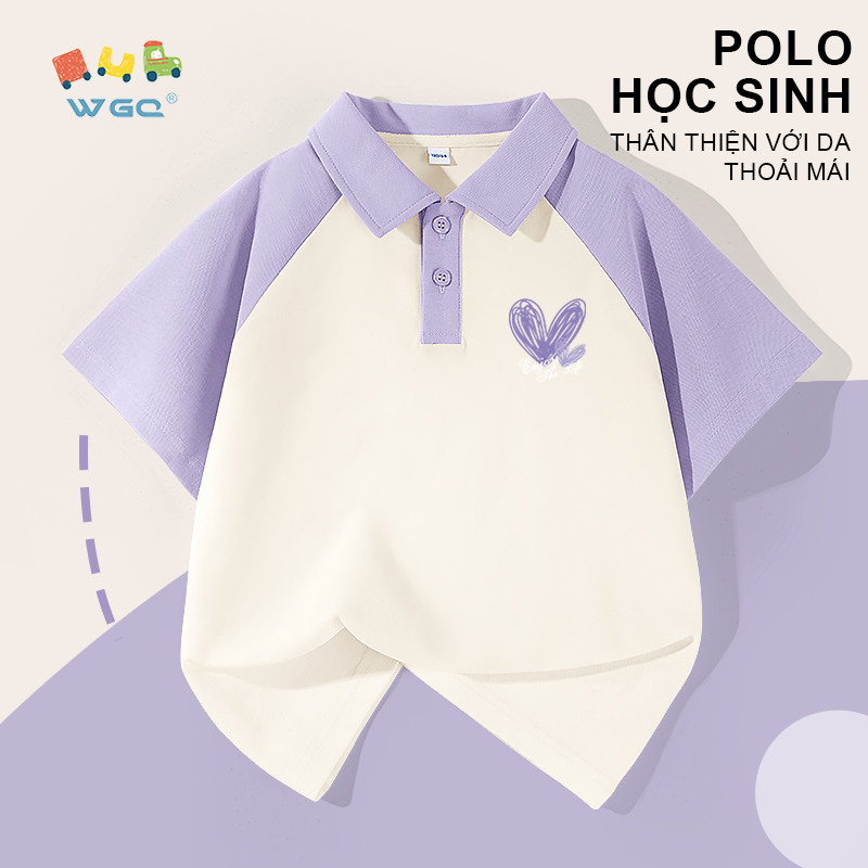 W.G.Q Áo thun bé gái，Áo thun polo thiết kế tay áo Raglan màu tương phản，mềm mại thoải mái，thấm mồ hôi thoáng khí với in họa tiết trái tim