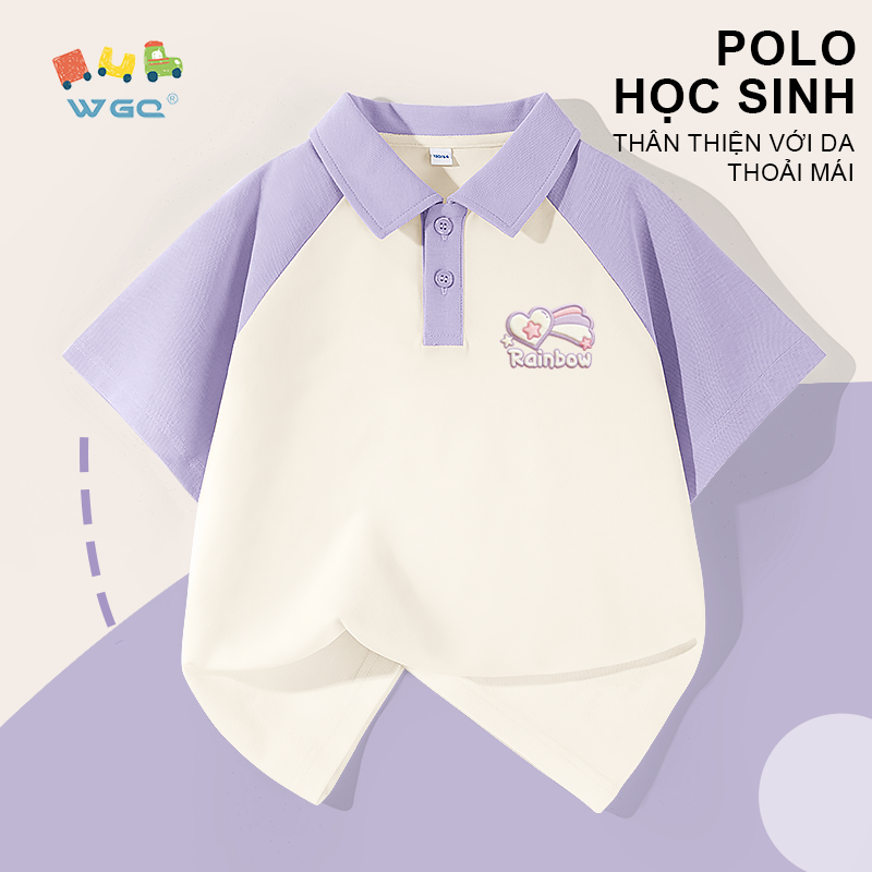 W.G.Q Áo thun bé gái，Áo thun polo thiết kế tay áo Raglan màu tương phản，mềm mại thoải mái，thấm mồ hôi thoáng khí với in hình cầu vồng màu tím