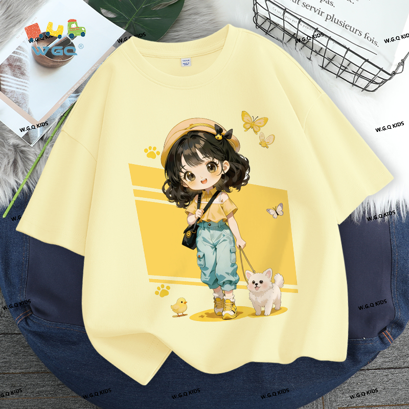 W.G.Q Áo thun bé gái，vải Cotton nguyên chất phong cách mới mùa hè，thân thiện với da mềm mại，thấm mồ hôi thoáng khí，in dễ thương