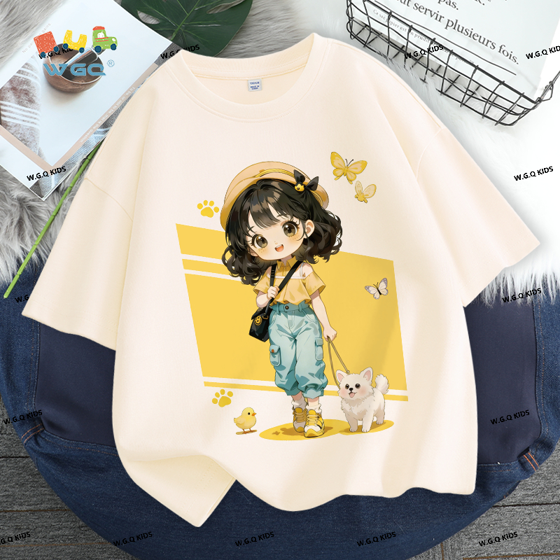 W.G.Q Áo thun bé gái，vải Cotton nguyên chất phong cách mới mùa hè，thân thiện với da mềm mại，thấm mồ hôi thoáng khí，in dễ thương