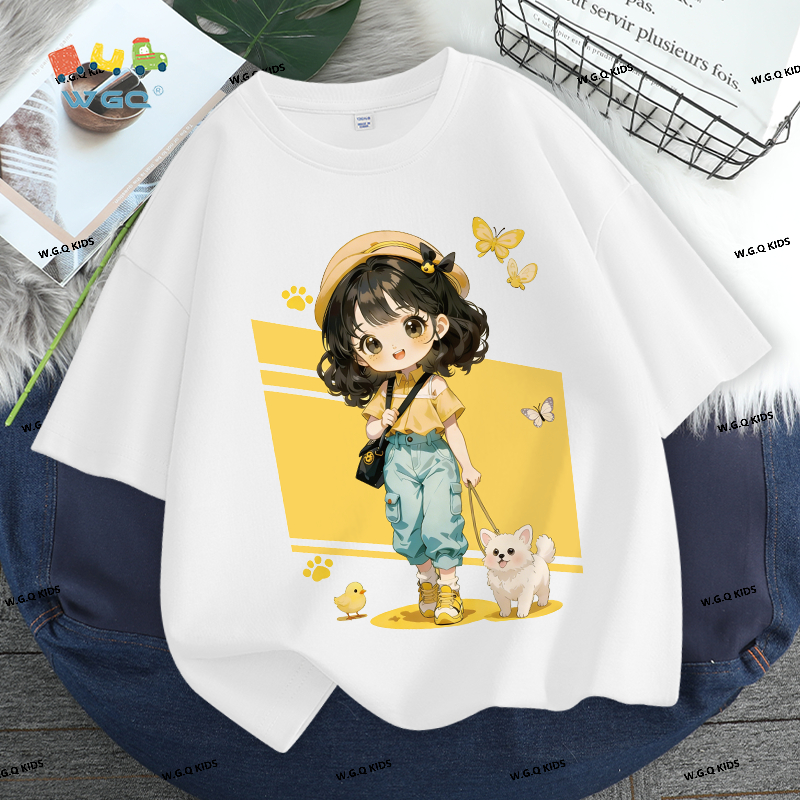W.G.Q Áo thun bé gái，vải Cotton nguyên chất phong cách mới mùa hè，thân thiện với da mềm mại，thấm mồ hôi thoáng khí，in dễ thương