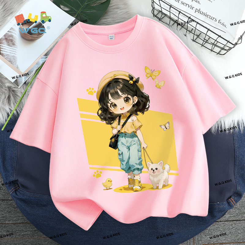 W.G.Q Áo thun bé gái，vải Cotton nguyên chất phong cách mới mùa hè，thân thiện với da mềm mại，thấm mồ hôi thoáng khí，in dễ thương