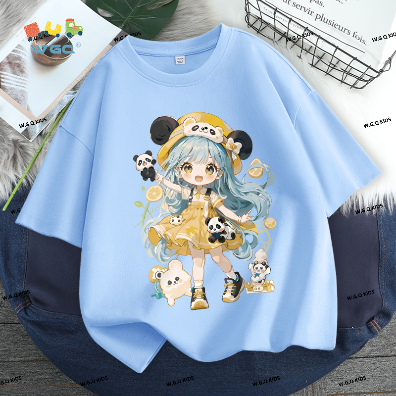 W.G.Q Áo thun bé gái，Phong cách mới mùa hè in hình dễ thương，Vải Cotton nguyên chất mềm mại thân thiện với da，thấm mồ hôi thoáng khí