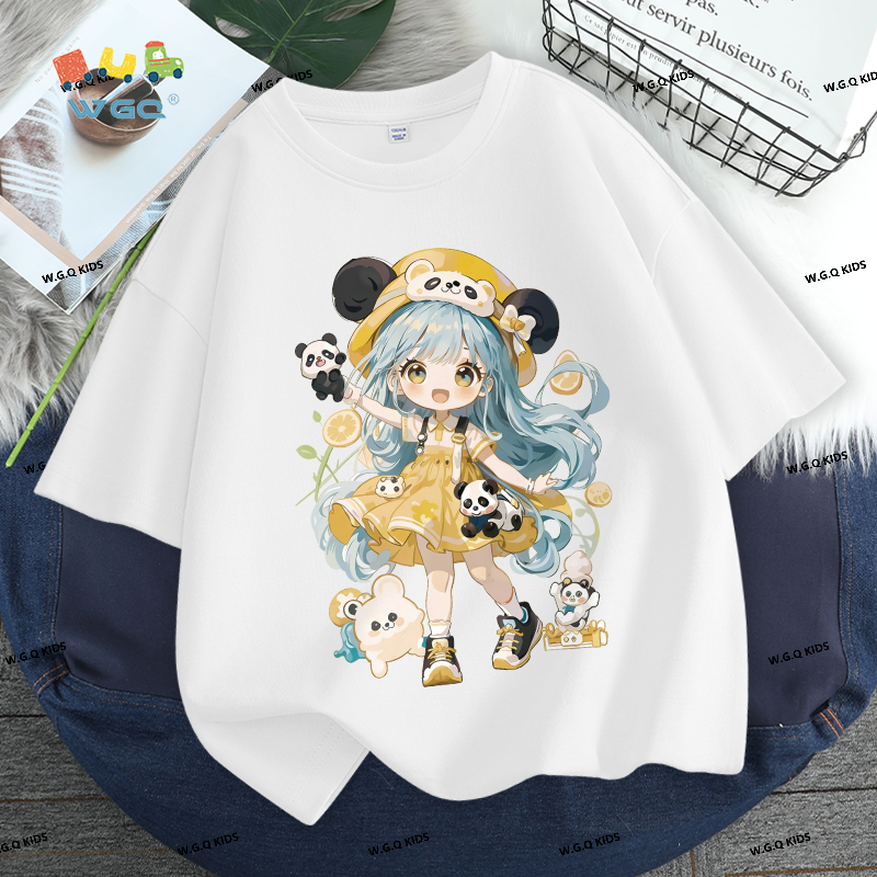 W.G.Q Áo thun bé gái，Phong cách mới mùa hè in hình dễ thương，Vải Cotton nguyên chất mềm mại thân thiện với da，thấm mồ hôi thoáng khí