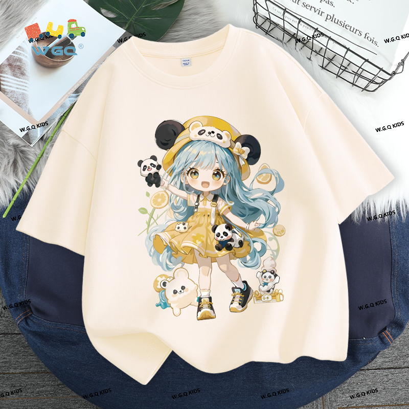 W.G.Q Áo thun bé gái，Phong cách mới mùa hè in hình dễ thương，Vải Cotton nguyên chất mềm mại thân thiện với da，thấm mồ hôi thoáng khí