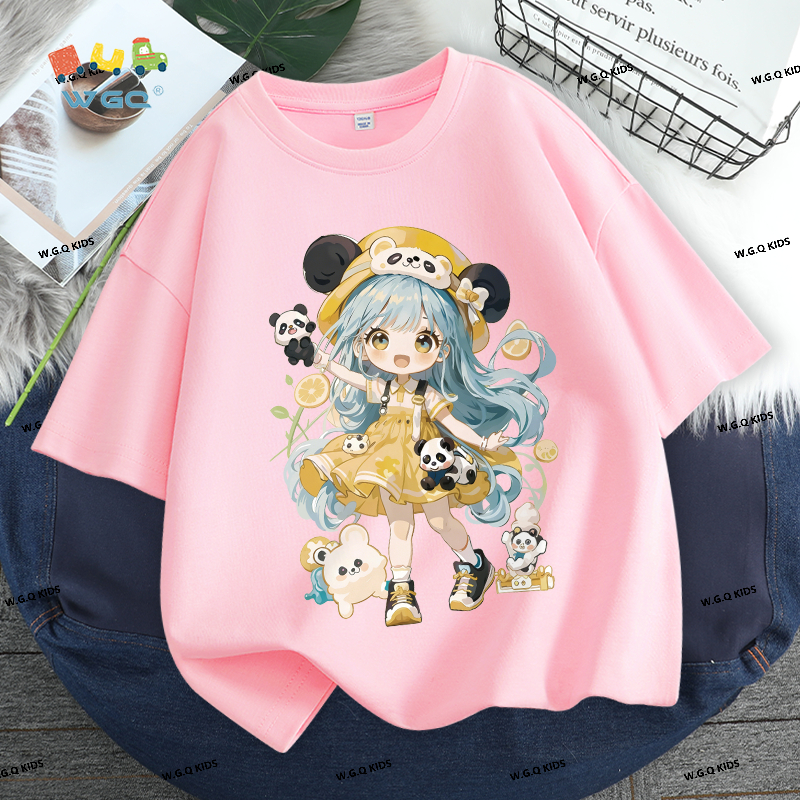 W.G.Q Áo thun bé gái，Phong cách mới mùa hè in hình dễ thương，Vải Cotton nguyên chất mềm mại thân thiện với da，thấm mồ hôi thoáng khí