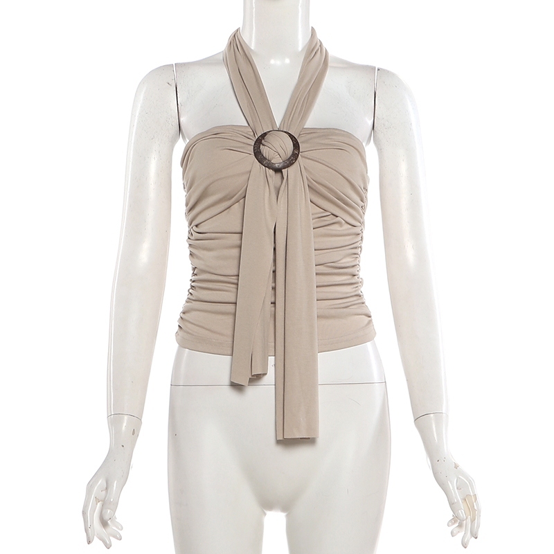 Cutenew Dây Ruched Slim Vest Backless Ruy Băng Thiết Kế Mỏng Ánh Sáng Nữ Mùa Hè Đi Biển Phong Cách Kỳ Nghỉ
