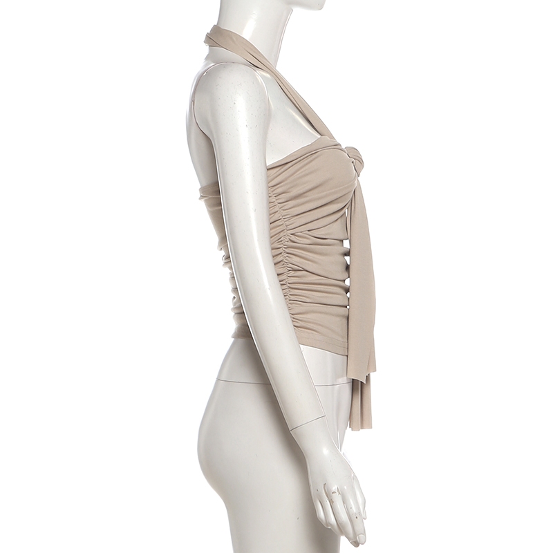 Cutenew Dây Ruched Slim Vest Backless Ruy Băng Thiết Kế Mỏng Ánh Sáng Nữ Mùa Hè Đi Biển Phong Cách Kỳ Nghỉ