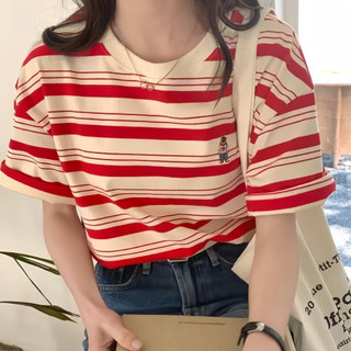 Áo thun nữ sọc gấu thêu dễ thương, cổ tròn màu đỏ và kem