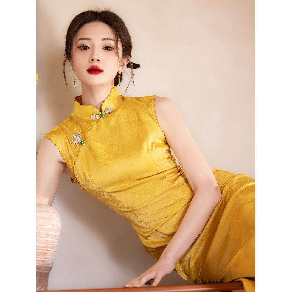 Váy vàng sườn xám không tay cho mùa hè, phong cách Trung Quốc mới mẻ