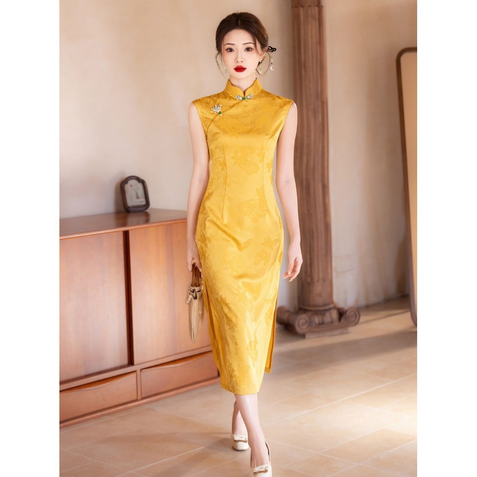 Váy vàng sườn xám không tay cho mùa hè, phong cách Trung Quốc mới mẻ