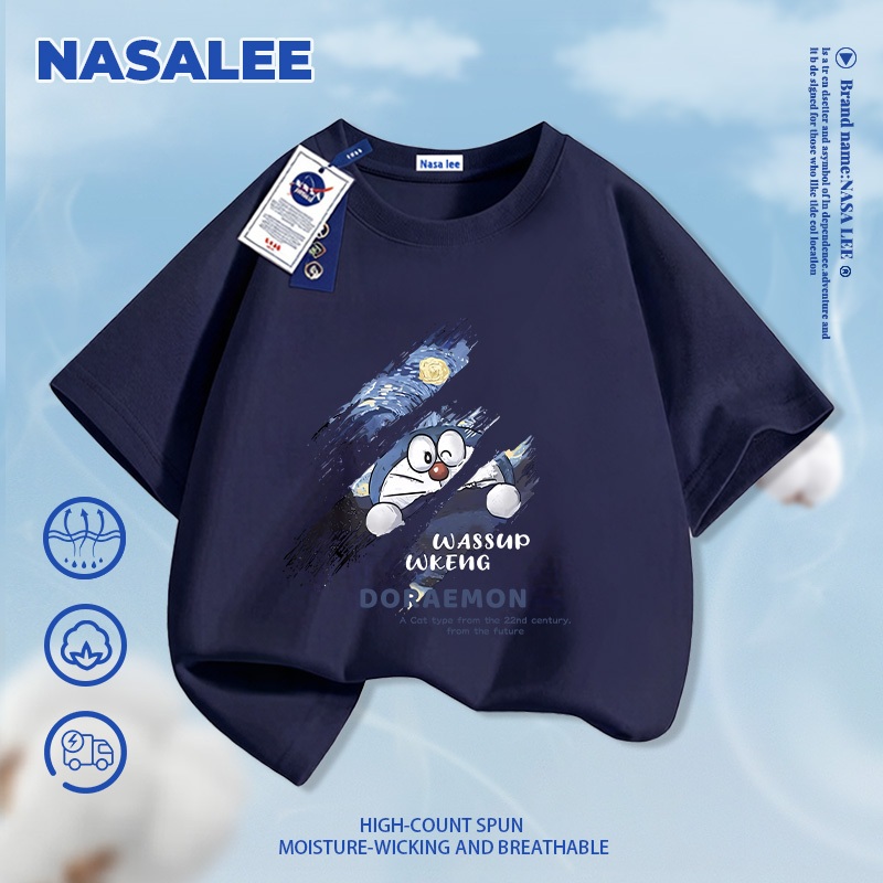 【Giao hàng trong ngày】Áo thun ngắn tay trắng cho trẻ em NASA, chất cotton thoáng mát, thoải mái, quần áo cho bé trai bé gái, áo ngắn tay hình Doraemon thời trang.