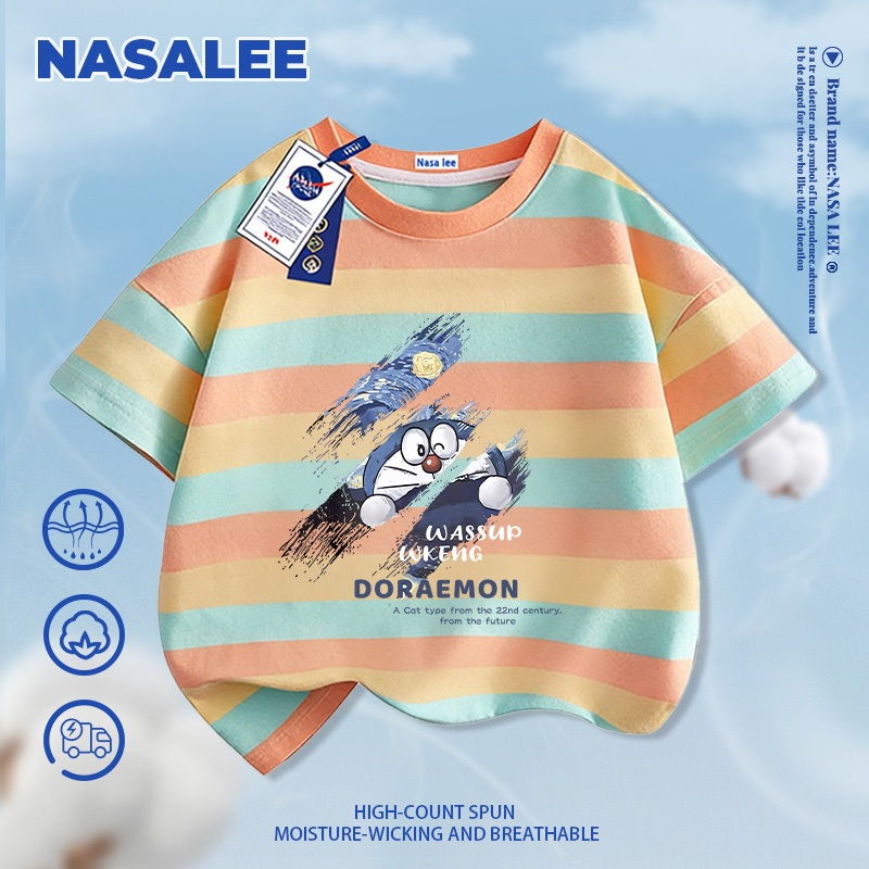 【Giao hàng trong ngày】Áo thun ngắn tay trắng cho trẻ em NASA, chất cotton thoáng mát, thoải mái, quần áo cho bé trai bé gái, áo ngắn tay hình Doraemon thời trang.