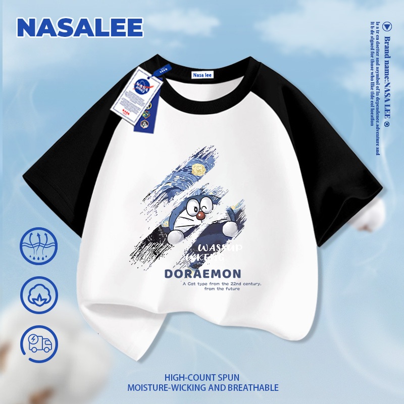 【Giao hàng trong ngày】Áo thun ngắn tay trắng cho trẻ em NASA, chất cotton thoáng mát, thoải mái, quần áo cho bé trai bé gái, áo ngắn tay hình Doraemon thời trang.