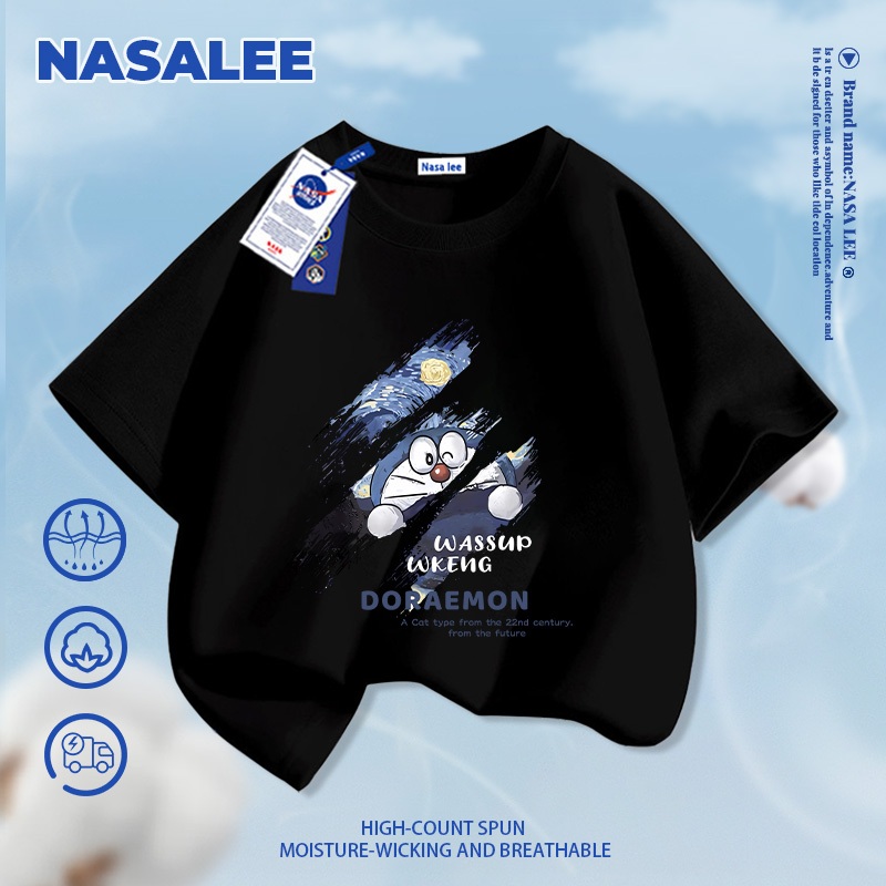 【Giao hàng trong ngày】Áo thun ngắn tay trắng cho trẻ em NASA, chất cotton thoáng mát, thoải mái, quần áo cho bé trai bé gái, áo ngắn tay hình Doraemon thời trang.