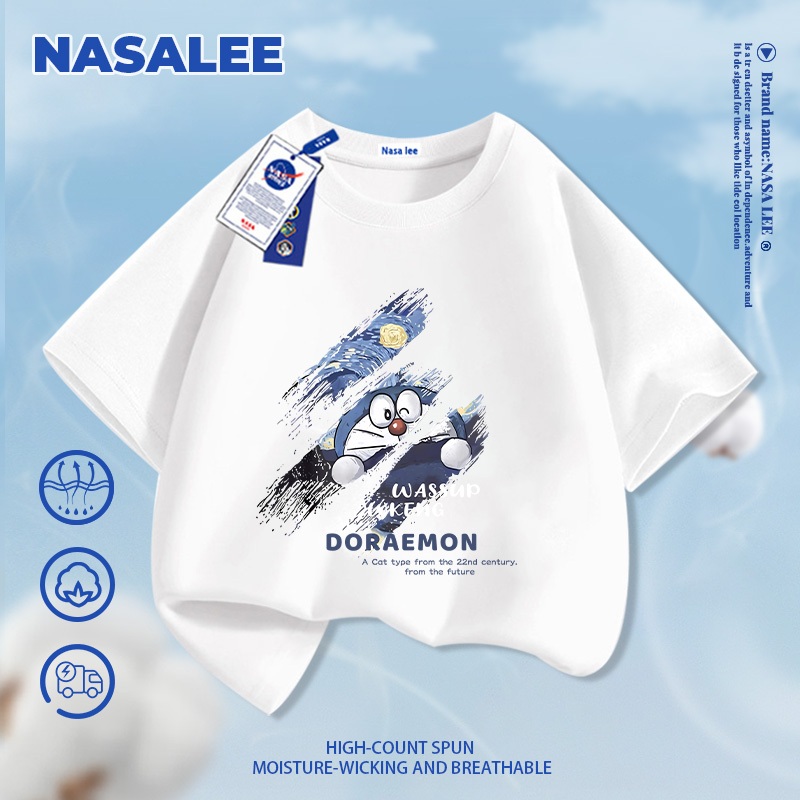 【Giao hàng trong ngày】Áo thun ngắn tay trắng cho trẻ em NASA, chất cotton thoáng mát, thoải mái, quần áo cho bé trai bé gái, áo ngắn tay hình Doraemon thời trang.