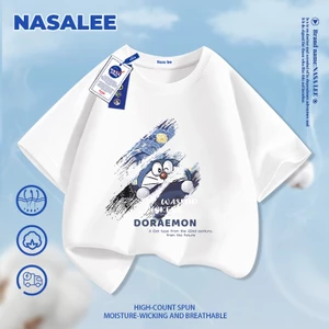 【Giao hàng trong ngày】Áo thun ngắn tay trắng cho trẻ em NASA, chất cotton thoáng mát, thoải mái, quần áo cho bé trai bé gái, áo ngắn tay hình Doraemon thời trang.