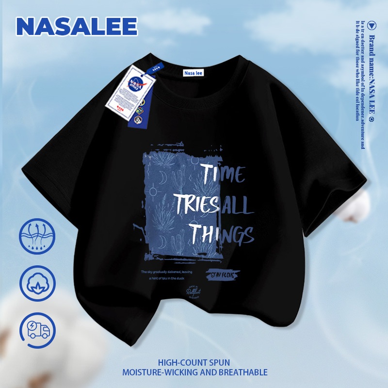 Giao hàng trong ngày – Áo thun thể thao trẻ em NASA chất liệu cotton đen, in chữ kiểu Mỹ, thoải mái cho bé trai bé gái từ 3-16 tuổi