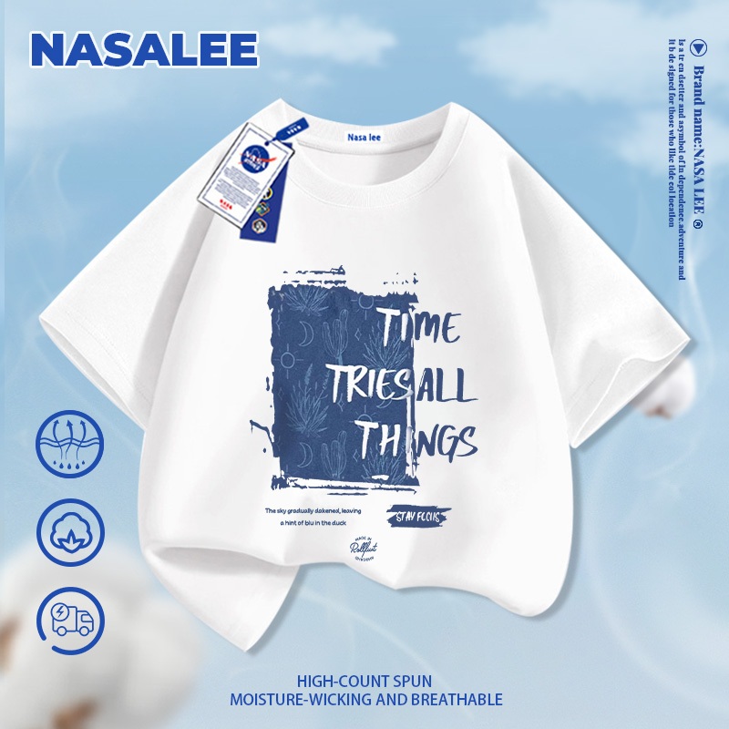 Giao hàng trong ngày – Áo thun thể thao trẻ em NASA chất liệu cotton đen, in chữ kiểu Mỹ, thoải mái cho bé trai bé gái từ 3-16 tuổi