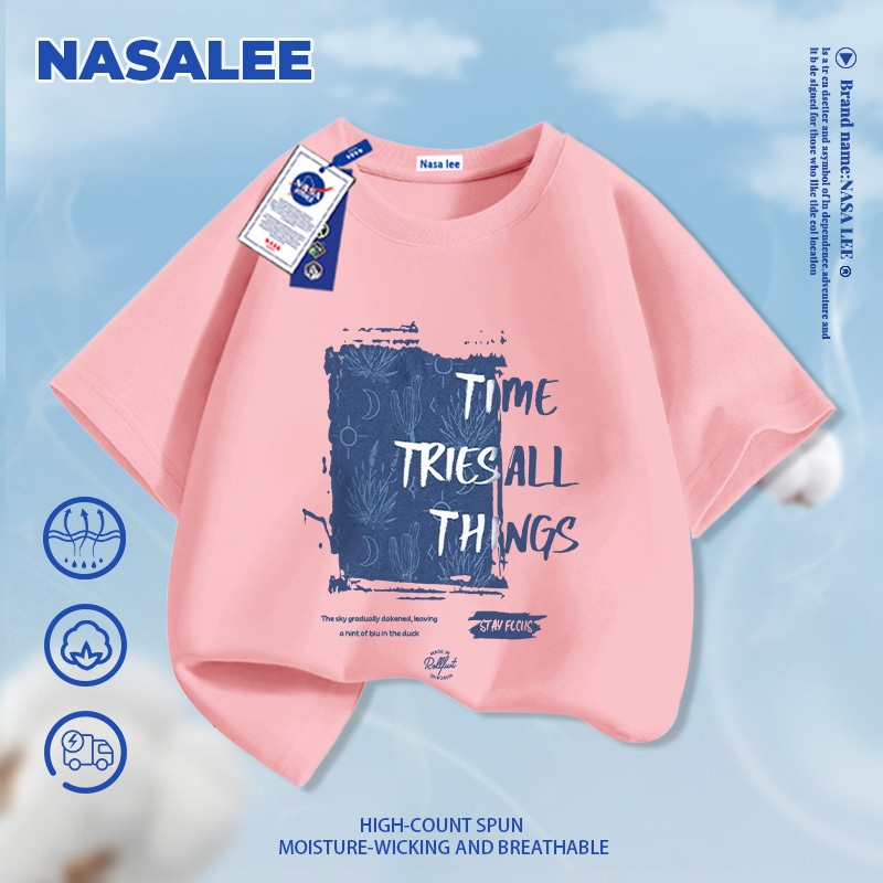 Giao hàng trong ngày – Áo thun thể thao trẻ em NASA chất liệu cotton đen, in chữ kiểu Mỹ, thoải mái cho bé trai bé gái từ 3-16 tuổi