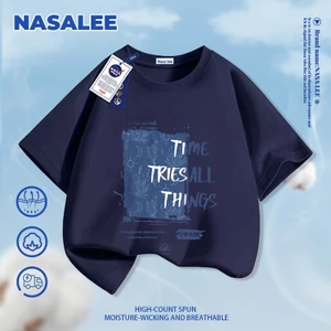 Giao hàng trong ngày – Áo thun thể thao trẻ em NASA chất liệu cotton đen, in chữ kiểu Mỹ, thoải mái cho bé trai bé gái từ 3-16 tuổi