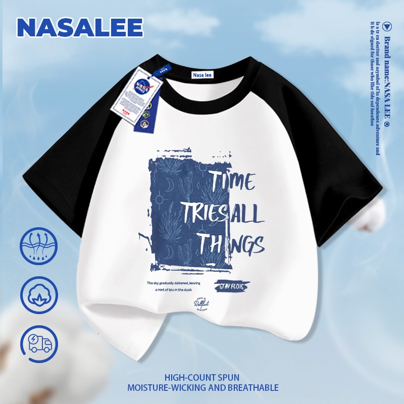 Giao hàng trong ngày – Áo thun thể thao trẻ em NASA chất liệu cotton đen, in chữ kiểu Mỹ, thoải mái cho bé trai bé gái từ 3-16 tuổi