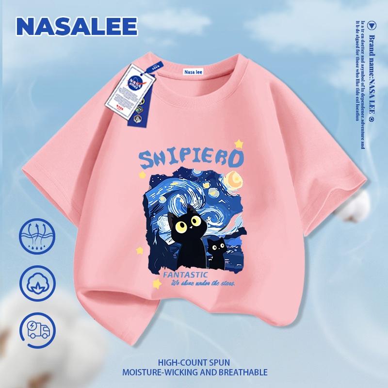 [Giao hàng trong ngày] Áo thun cotton nguyên chất màu đen cho trẻ em họa tiết mèo hoạt hình NASA, chất liệu cotton thoáng khí, dành cho bé 3-16 tuổi, áo sơ mi ngắn tay dáng rộng thoải mái
