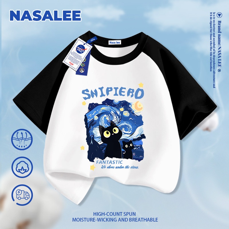 [Giao hàng trong ngày] Áo thun cotton nguyên chất màu đen cho trẻ em họa tiết mèo hoạt hình NASA, chất liệu cotton thoáng khí, dành cho bé 3-16 tuổi, áo sơ mi ngắn tay dáng rộng thoải mái