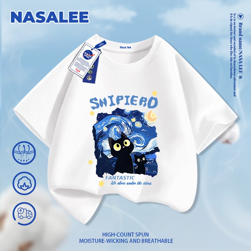 [Giao hàng trong ngày] Áo thun cotton nguyên chất màu đen cho trẻ em họa tiết mèo hoạt hình NASA, chất liệu cotton thoáng khí, dành cho bé 3-16 tuổi, áo sơ mi ngắn tay dáng rộng thoải mái
