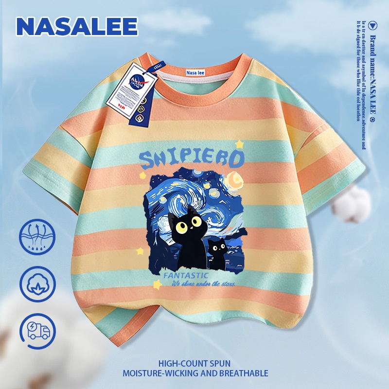 [Giao hàng trong ngày] Áo thun cotton nguyên chất màu đen cho trẻ em họa tiết mèo hoạt hình NASA, chất liệu cotton thoáng khí, dành cho bé 3-16 tuổi, áo sơ mi ngắn tay dáng rộng thoải mái
