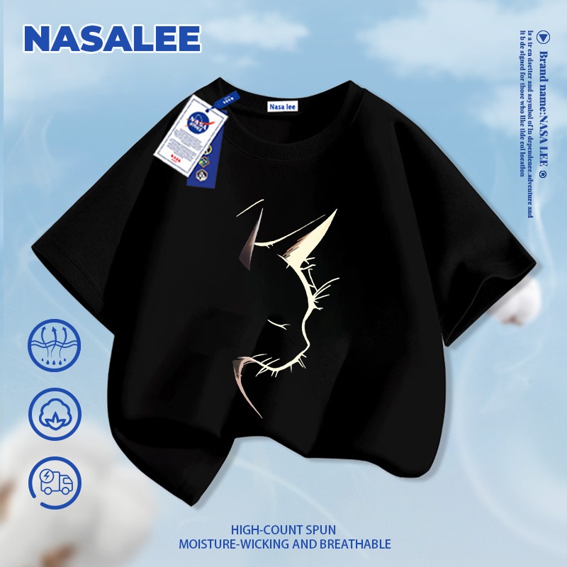 [Giao hàng trong ngày] Áo thun cotton nguyên chất màu đen cho trẻ em họa tiết mèo ngầu phong cách NASA, chất liệu cotton thoáng khí, dành cho bé 3-16 tuổi, áo sơ mi ngắn tay dáng rộng thoải mái