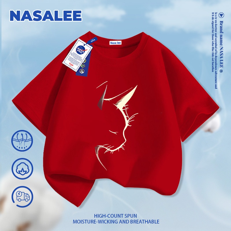 [Giao hàng trong ngày] Áo thun cotton nguyên chất màu đen cho trẻ em họa tiết mèo ngầu phong cách NASA, chất liệu cotton thoáng khí, dành cho bé 3-16 tuổi, áo sơ mi ngắn tay dáng rộng thoải mái