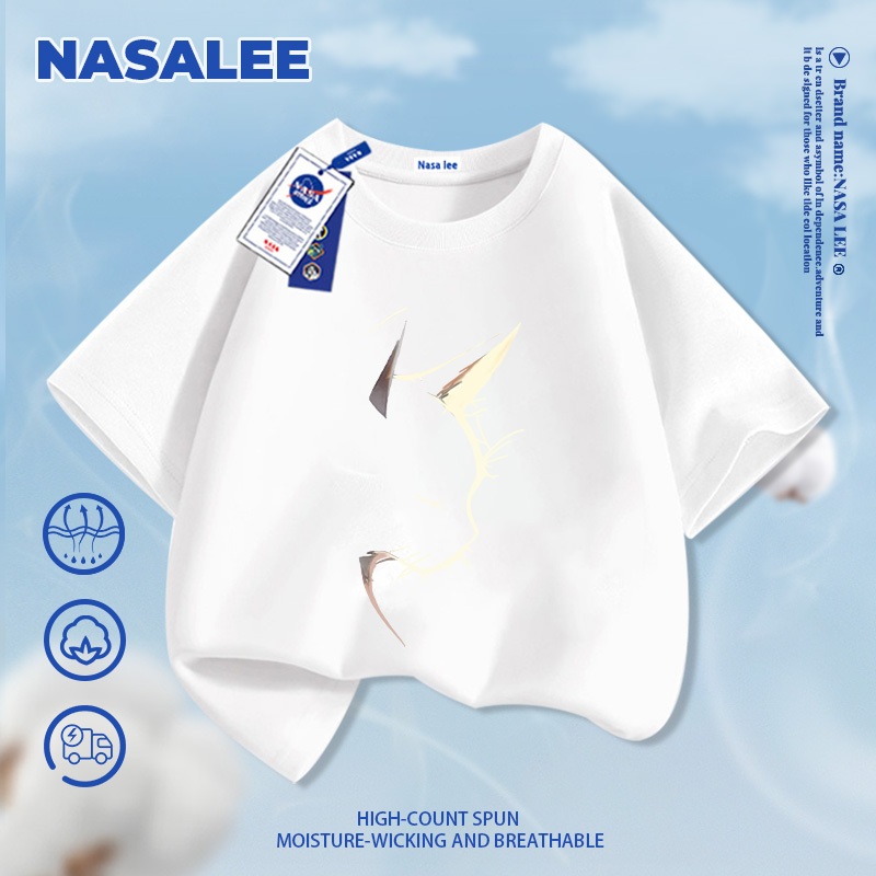[Giao hàng trong ngày] Áo thun cotton nguyên chất màu đen cho trẻ em họa tiết mèo ngầu phong cách NASA, chất liệu cotton thoáng khí, dành cho bé 3-16 tuổi, áo sơ mi ngắn tay dáng rộng thoải mái