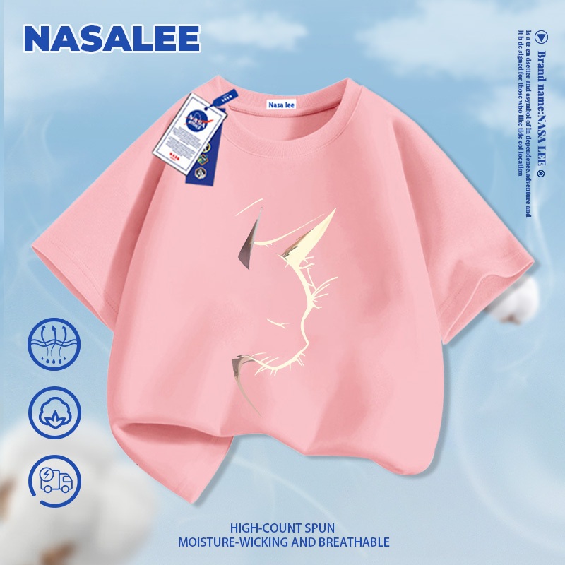 [Giao hàng trong ngày] Áo thun cotton nguyên chất màu đen cho trẻ em họa tiết mèo ngầu phong cách NASA, chất liệu cotton thoáng khí, dành cho bé 3-16 tuổi, áo sơ mi ngắn tay dáng rộng thoải mái