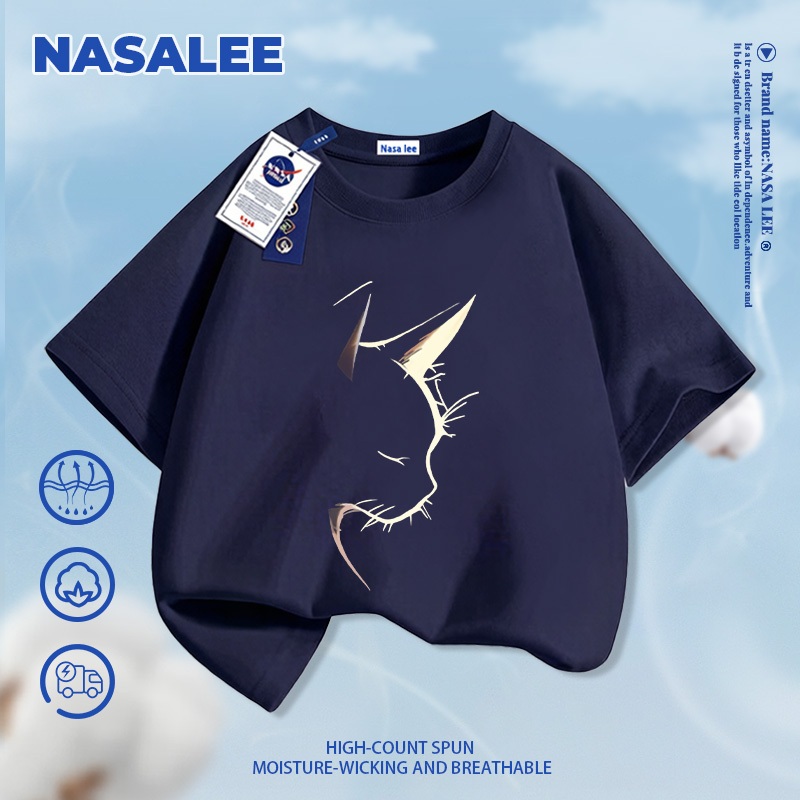 [Giao hàng trong ngày] Áo thun cotton nguyên chất màu đen cho trẻ em họa tiết mèo ngầu phong cách NASA, chất liệu cotton thoáng khí, dành cho bé 3-16 tuổi, áo sơ mi ngắn tay dáng rộng thoải mái